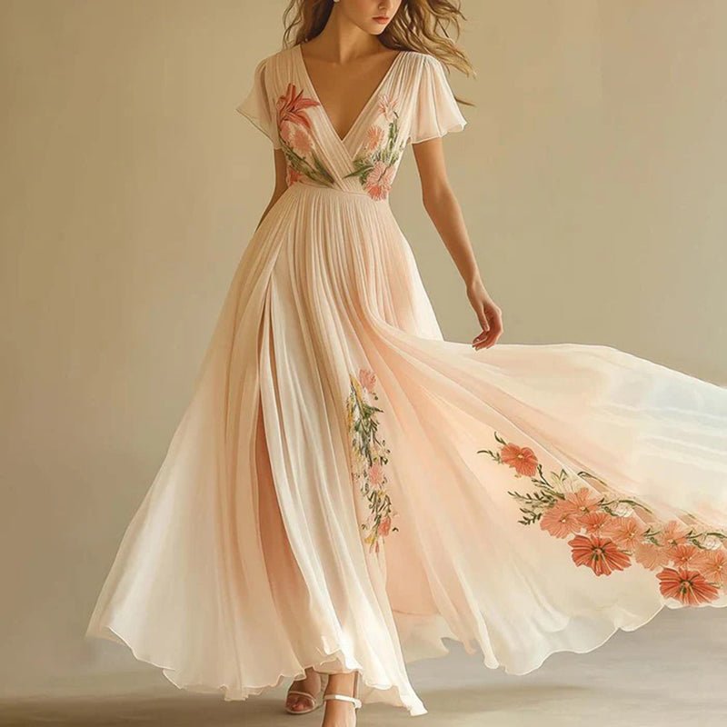 Women's Floral Pleated Chiffon Dress - Awesam Goods