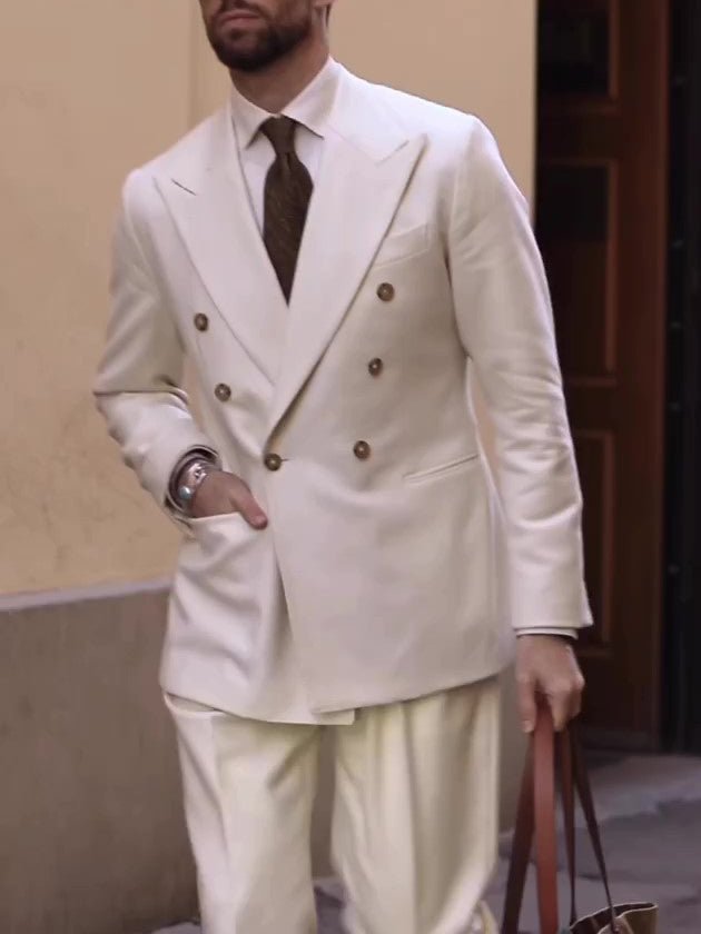 Cream Double - Breasted Men's Suit - The Apparel Grove