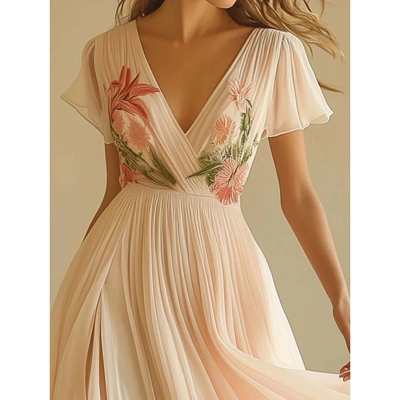 Women's Floral Pleated Chiffon Dress - Awesam Goods