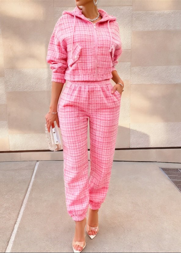 Plaid Hooded Zip - up Sweatshirt Set - Awesam Goods