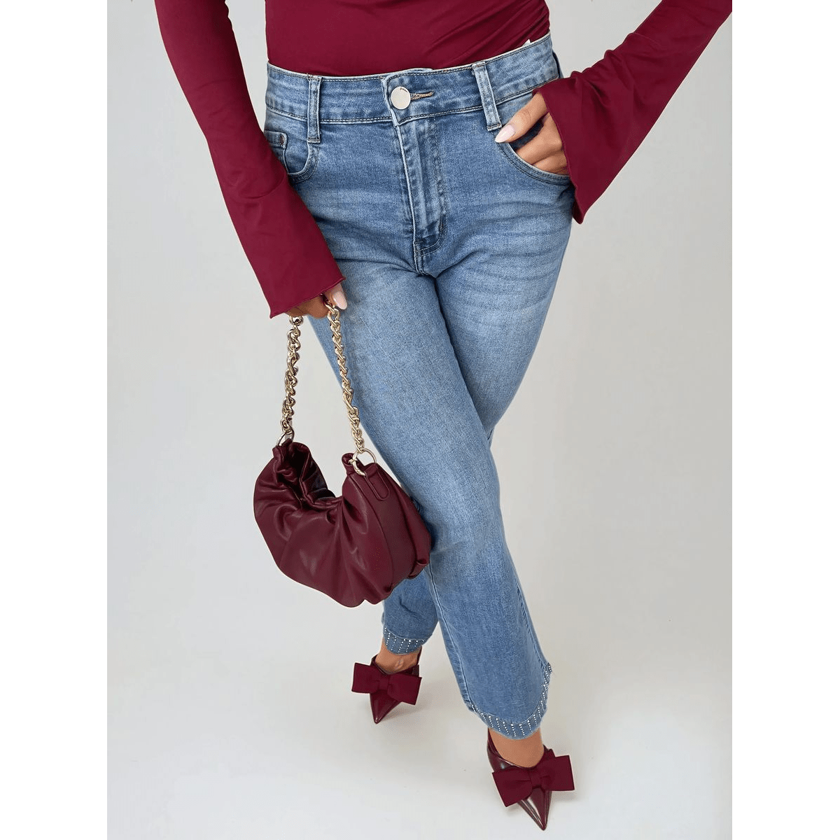 Rhinestone Hem High Waist Flare Jeans - The Apparel Grove