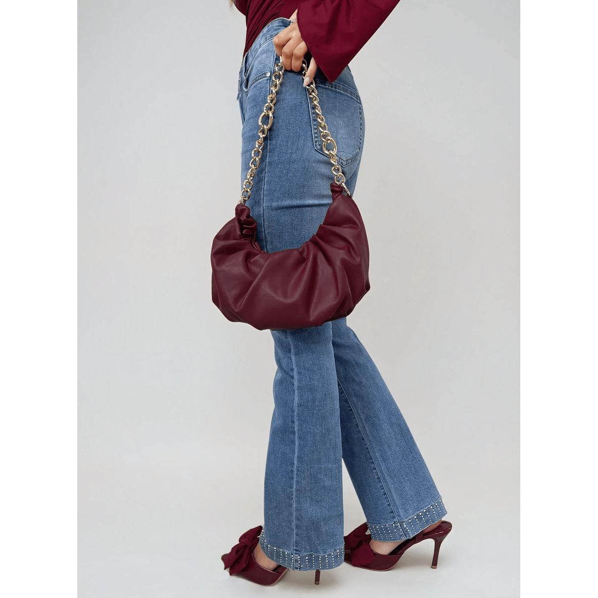 Rhinestone Hem High Waist Flare Jeans - The Apparel Grove