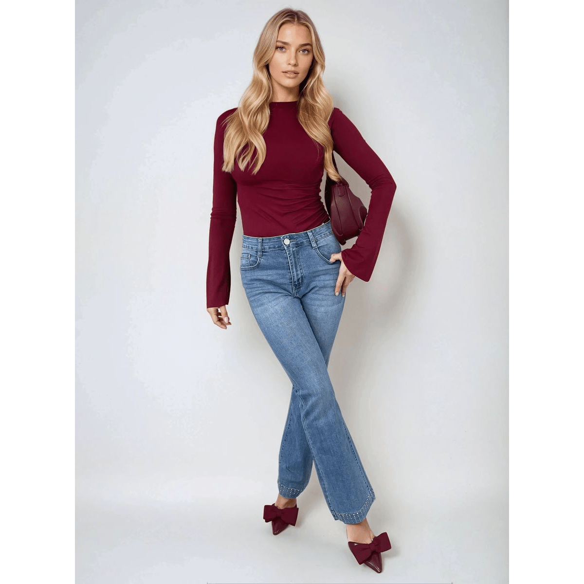 Rhinestone Hem High Waist Flare Jeans - The Apparel Grove