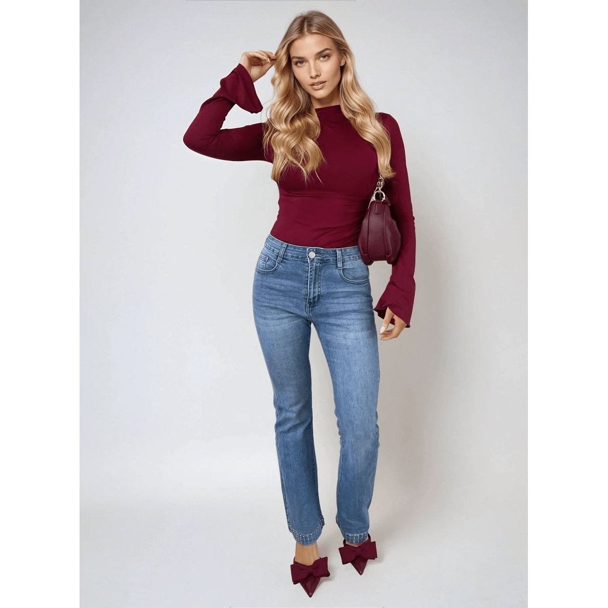 Rhinestone Hem High Waist Flare Jeans - The Apparel Grove