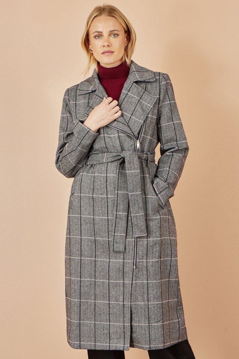 Grey Check Oversize Long Biker Coat - The Apparel Grove