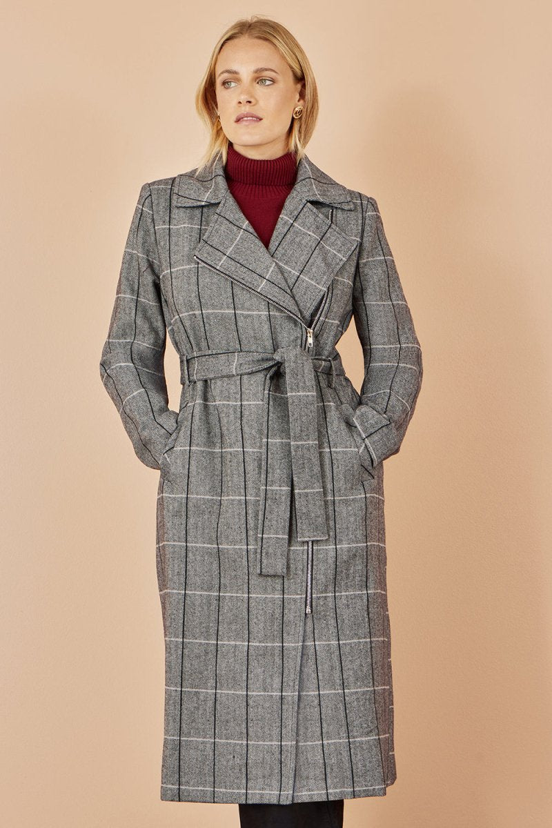 Grey Check Oversize Long Biker Coat - The Apparel Grove
