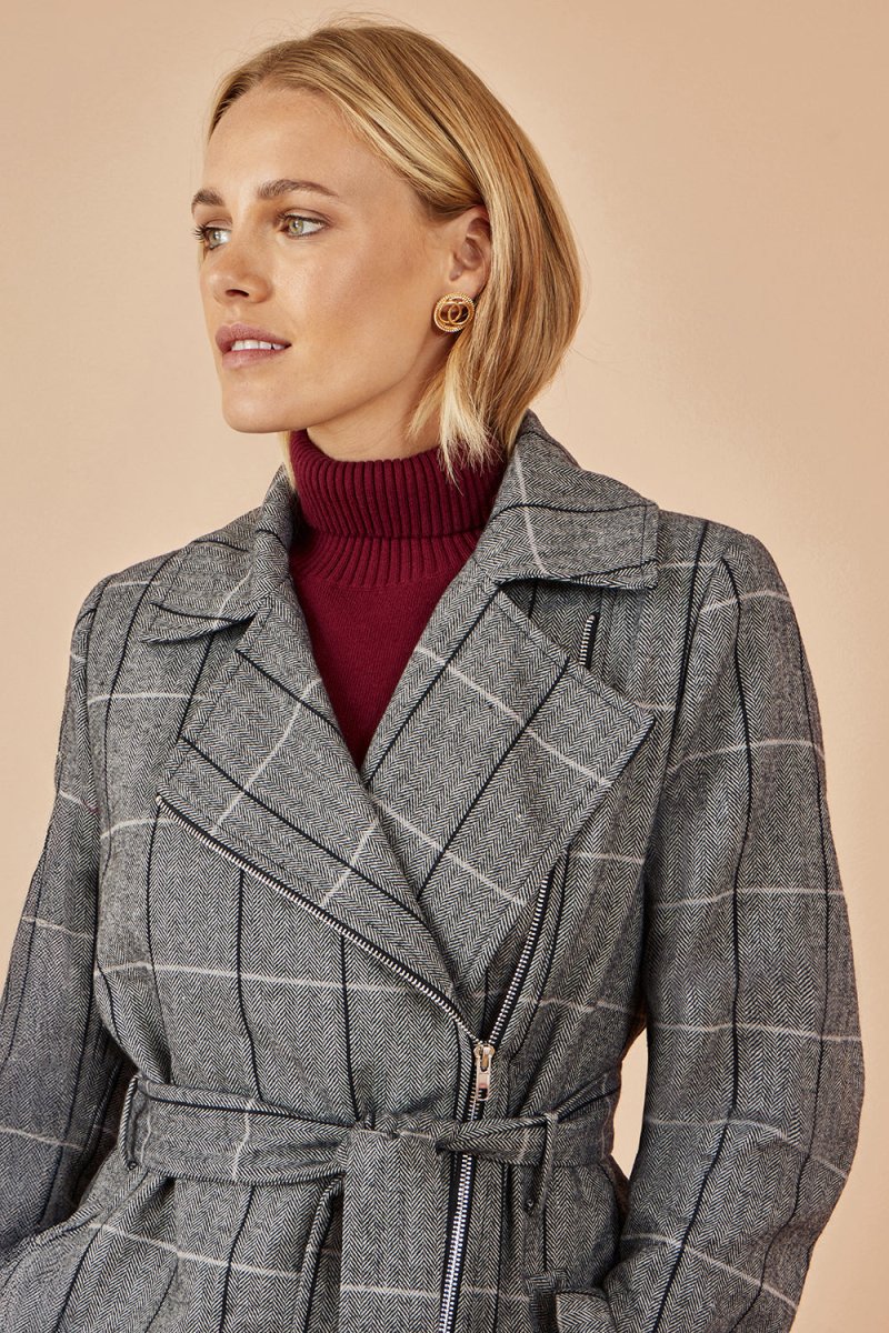 Grey Check Oversize Long Biker Coat - The Apparel Grove
