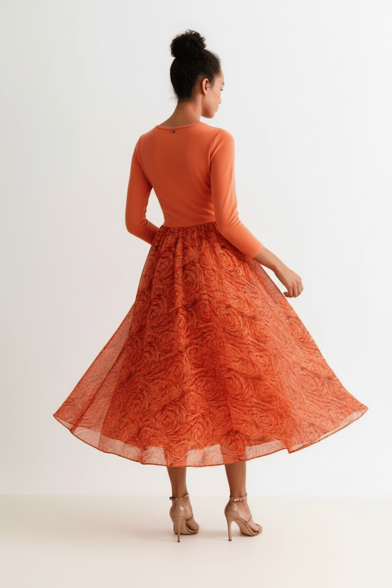 Huxley Rosechild Jersey Top Circle Skirt Midi Dress - Apricot - The Apparel Grove