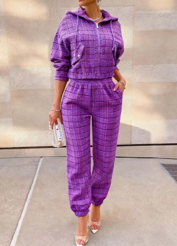 Plaid Hooded Zip - up Sweatshirt Set - Awesam Goods