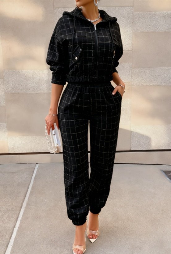 Plaid Hooded Zip - up Sweatshirt Set - Awesam Goods