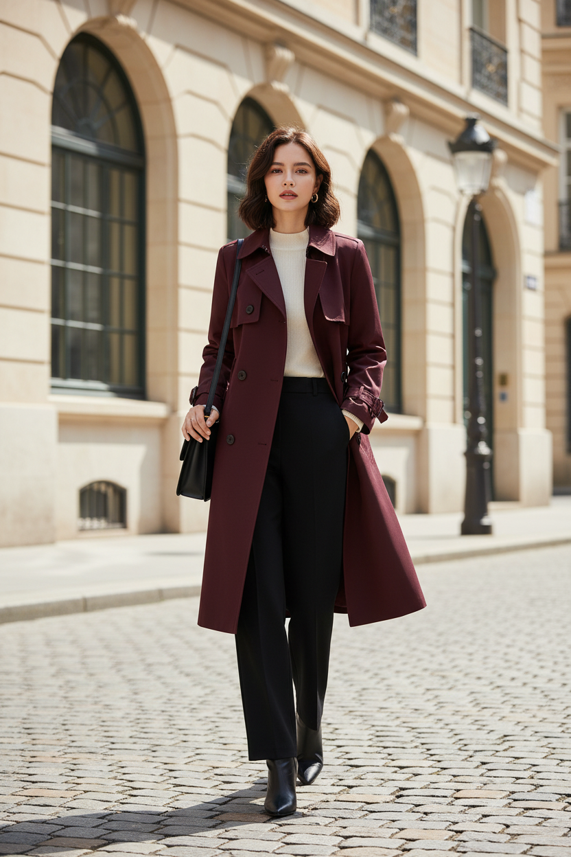 Elegant Belted Trench Coat on Model
