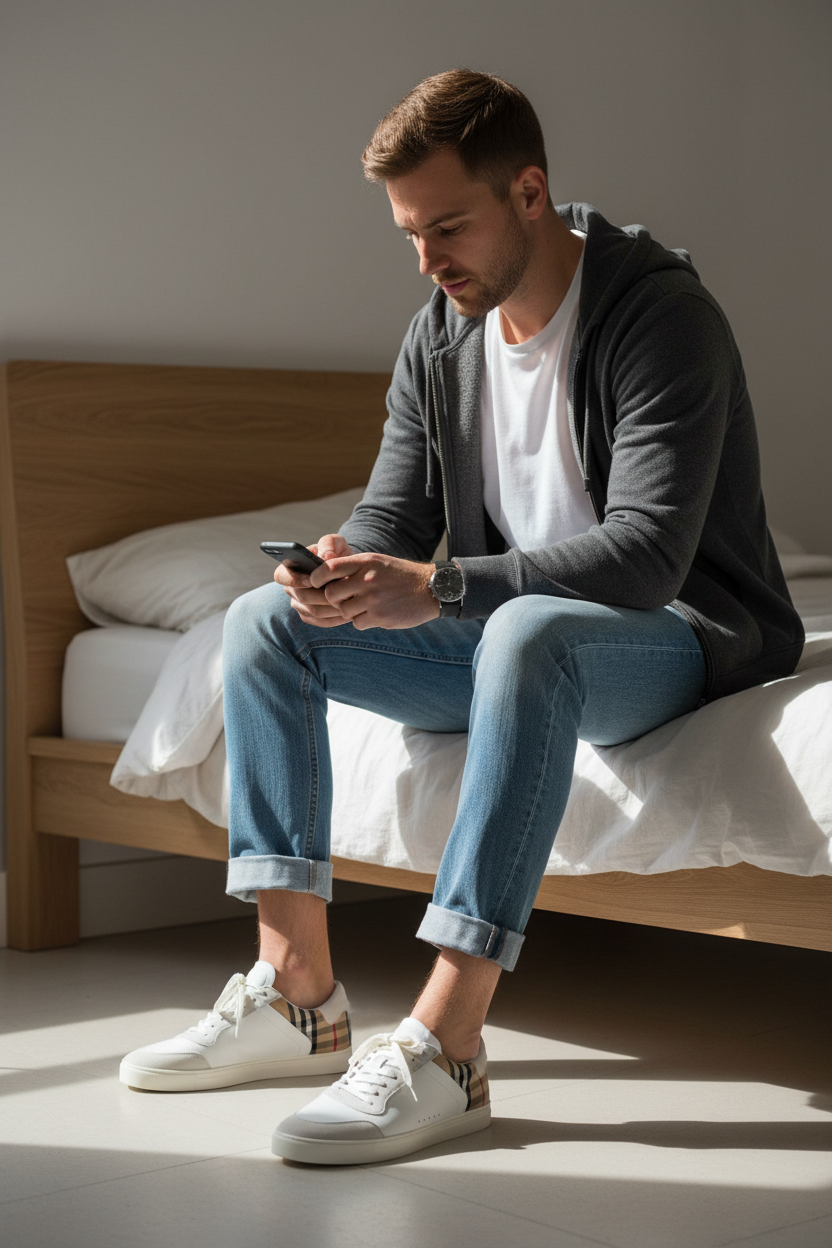 Male model sitting down getting ready