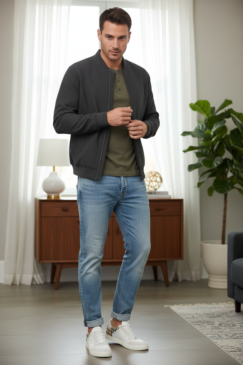 Male model wearing shoes with cuffed jeans, no socks