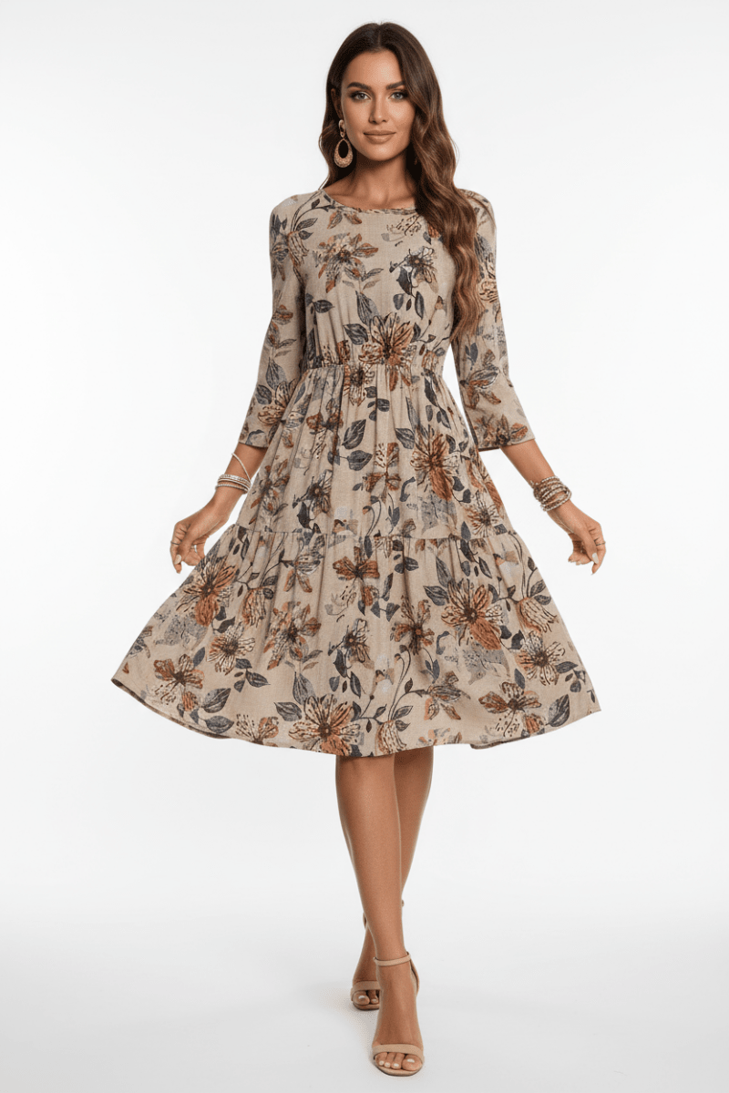 Floral Printed A - Line Mid - Length Cotton Linen Dress - The Apparel Grove