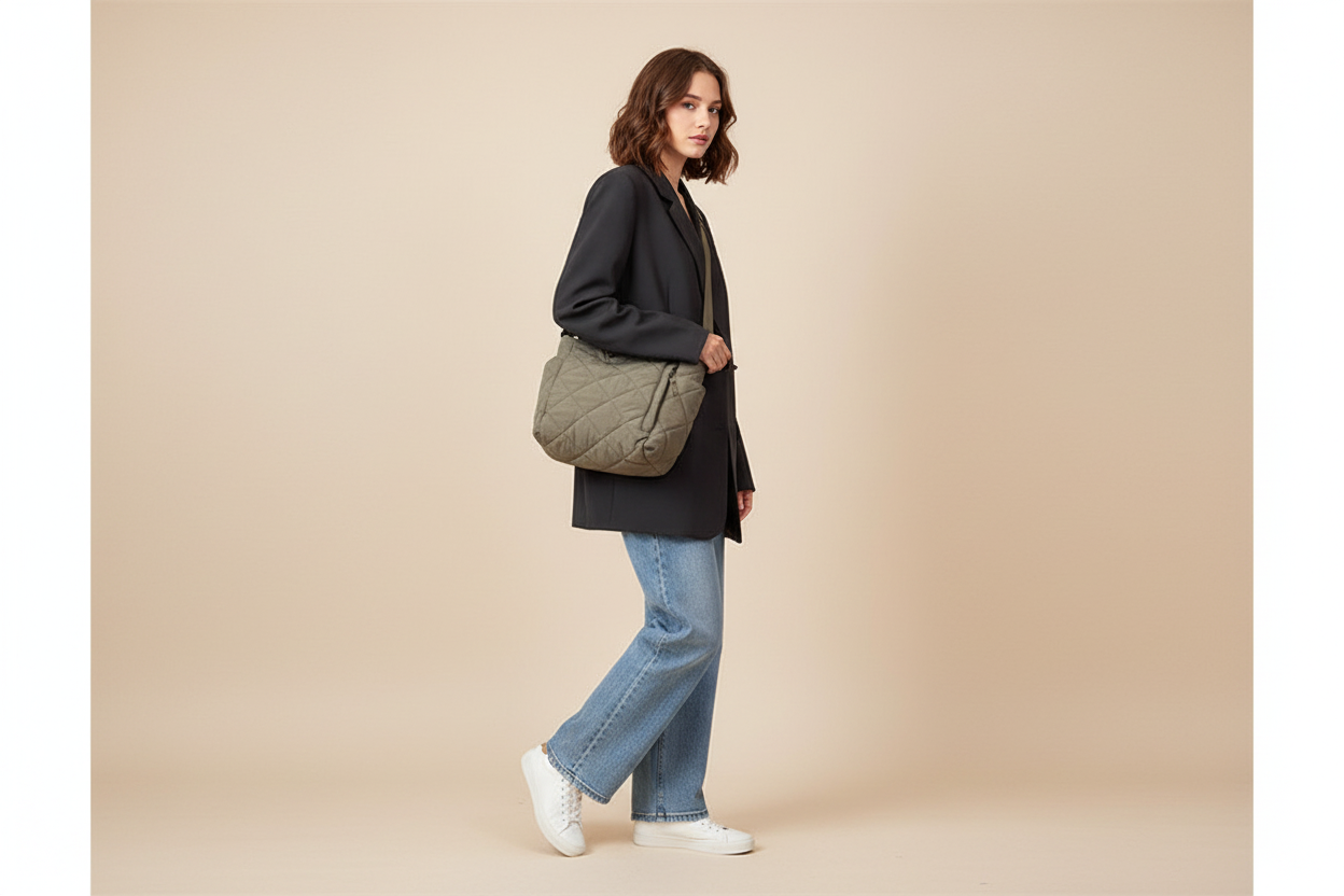 Model wearing women's portable crossbody bag