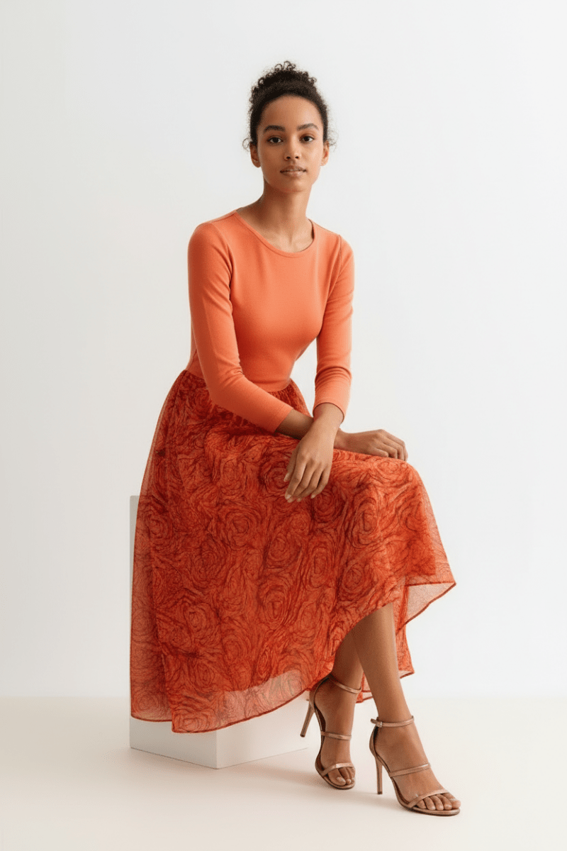 Huxley Rosechild Jersey Top Circle Skirt Midi Dress - Apricot - The Apparel Grove