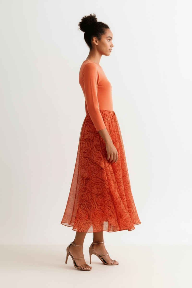 Huxley Rosechild Jersey Top Circle Skirt Midi Dress - Apricot - The Apparel Grove