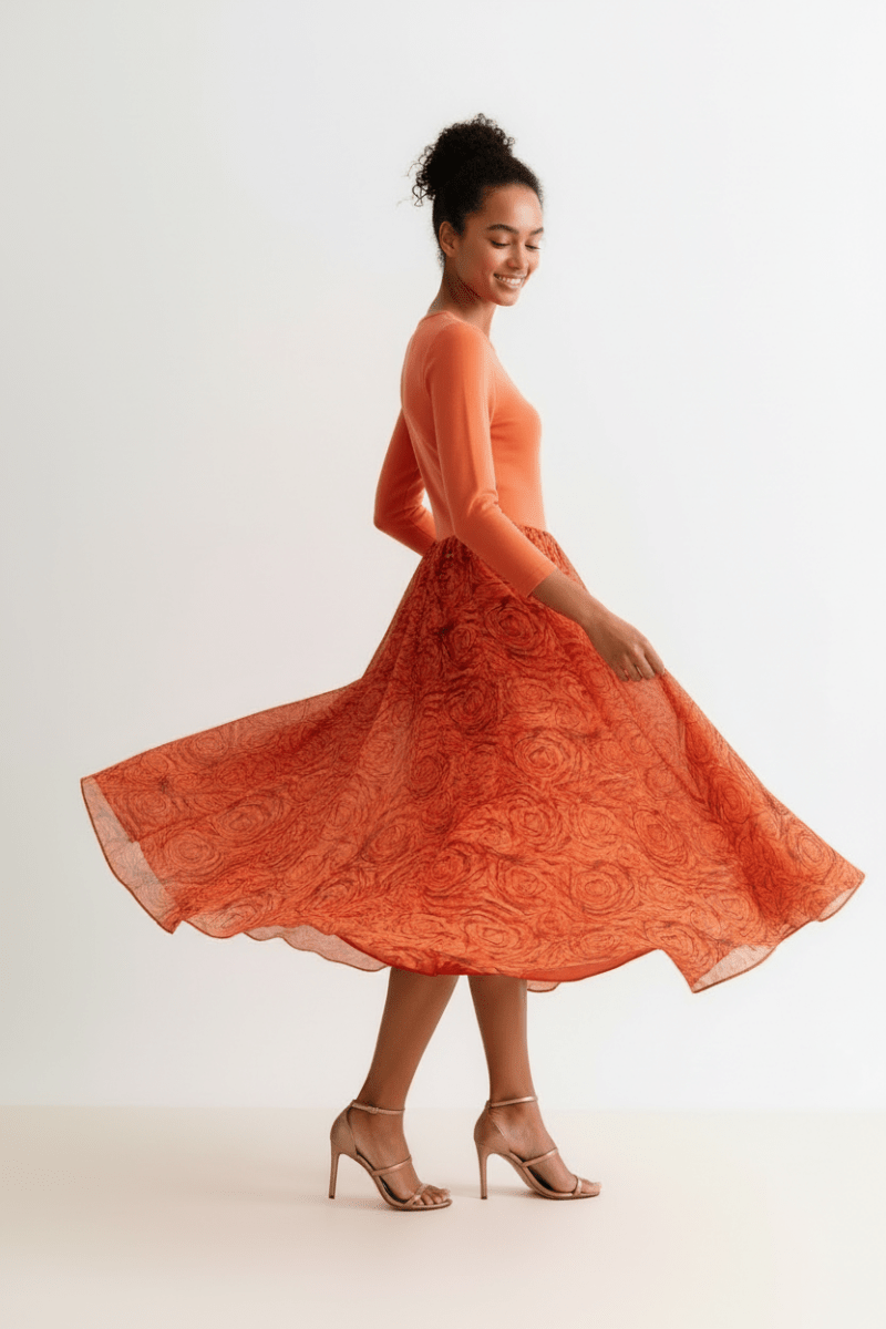 Huxley Rosechild Jersey Top Circle Skirt Midi Dress - Apricot - The Apparel Grove