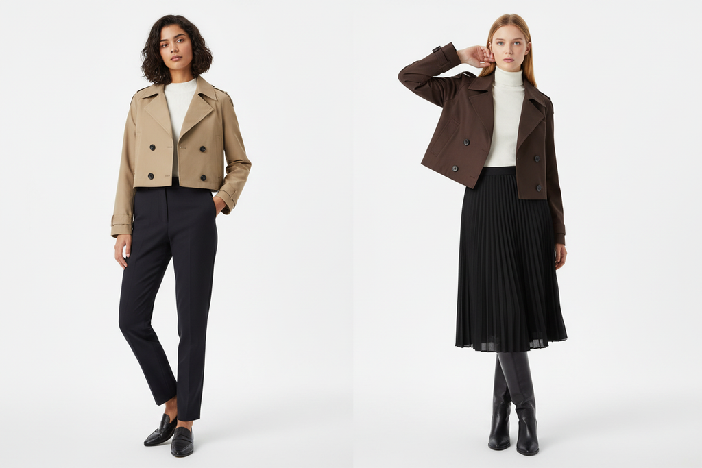 Two female models in khaki and brown trench coats