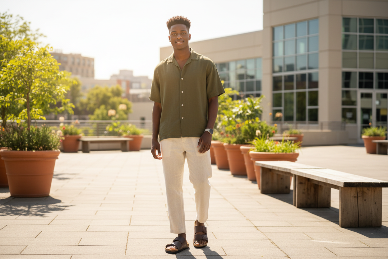 Young Black model wearing cork slippers outdoors on sunny day