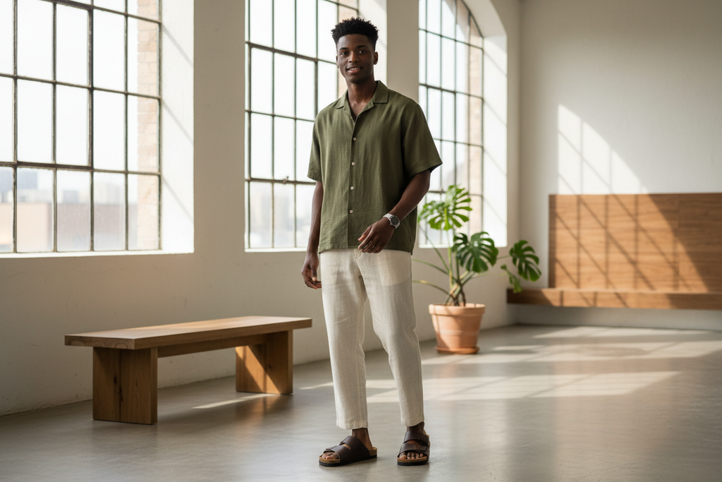 Young Black model wearing cork slippers